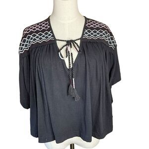 Free People Womens Medium Embroidered Top Black Tie Neck Short Sleeves Boxy